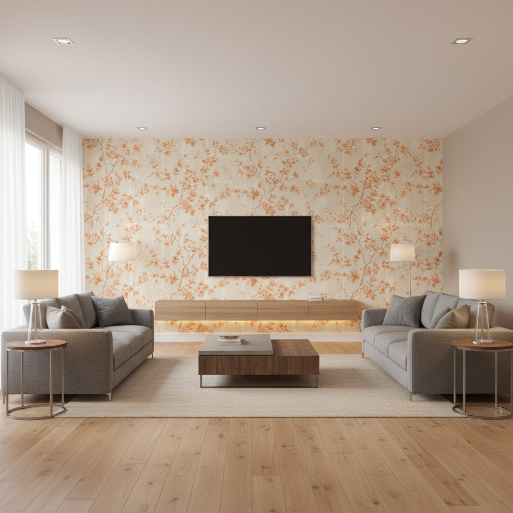 Wakusa Cherry Blossom | Architectural Wallcoverings - Living Room Visualization (AI-generated, may not be to scale. Verify pattern scale with product specifications.)