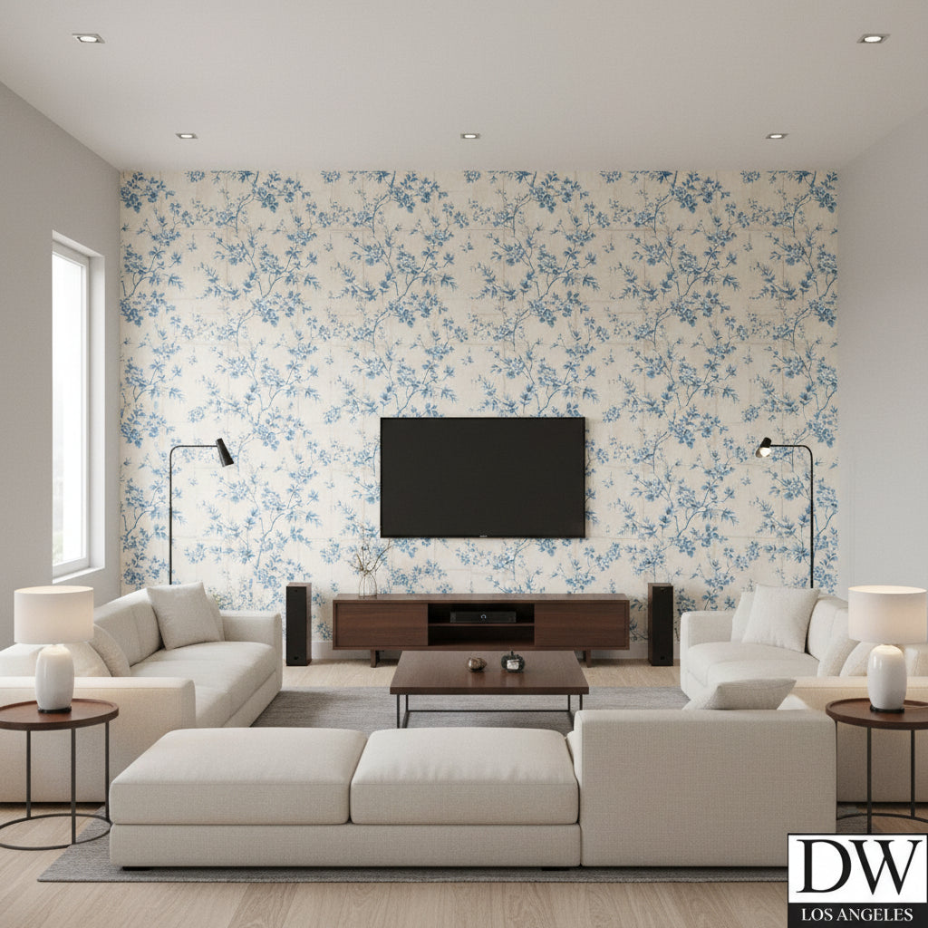 Wakusa Cherry Blossom | Architectural Wallcoverings - Living Room Visualization (AI-generated, may not be to scale. Verify pattern scale with product specifications.)