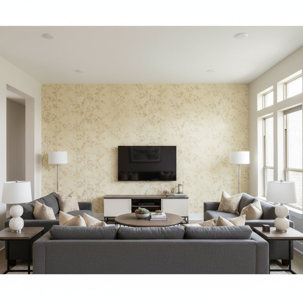 Wakusa Cherry Blossom | Architectural Wallcoverings - Living Room Visualization (AI-generated, may not be to scale. Verify pattern scale with product specifications.)