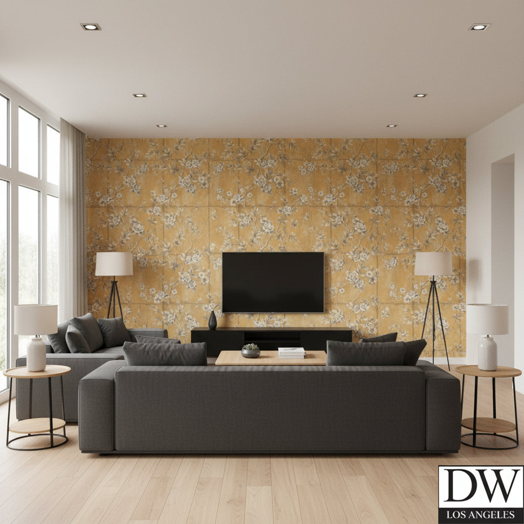 Wakusa Cherry Blossom | Architectural Wallcoverings - Living Room Visualization (AI-generated, may not be to scale. Verify pattern scale with product specifications.)
