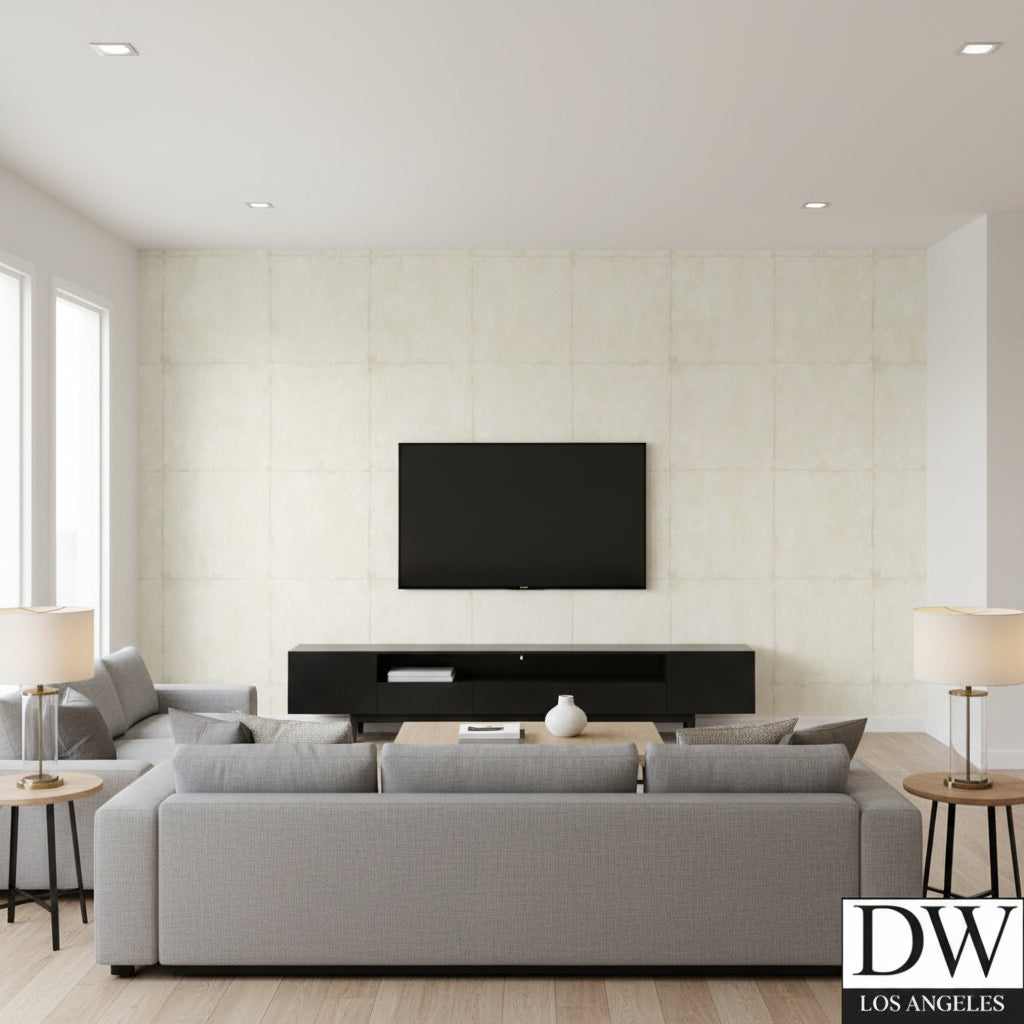 Wakusa Stone Grouted | Architectural Wallcoverings - Living Room Visualization (AI-generated, may not be to scale. Verify pattern scale with product specifications.)