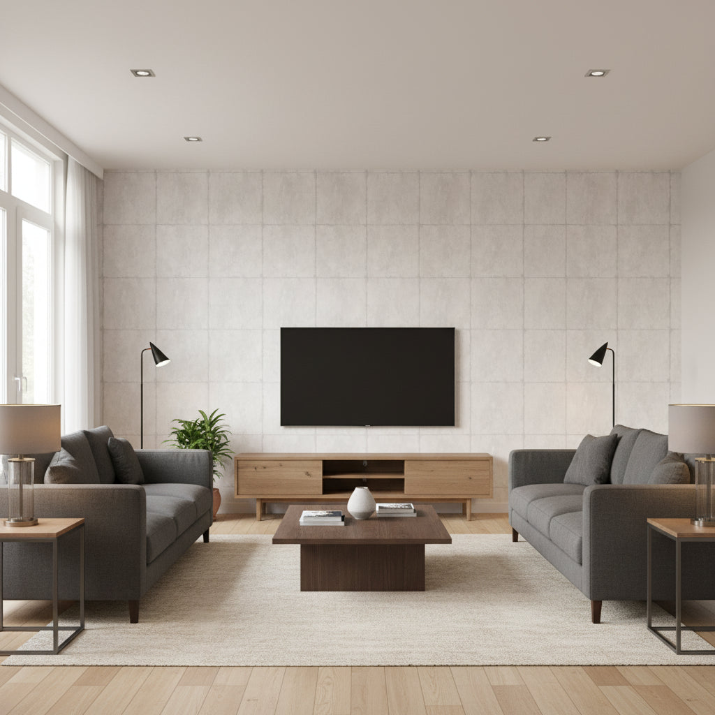 Wakusa Stone Grouted | Architectural Wallcoverings - Living Room Visualization (AI-generated, may not be to scale. Verify pattern scale with product specifications.)