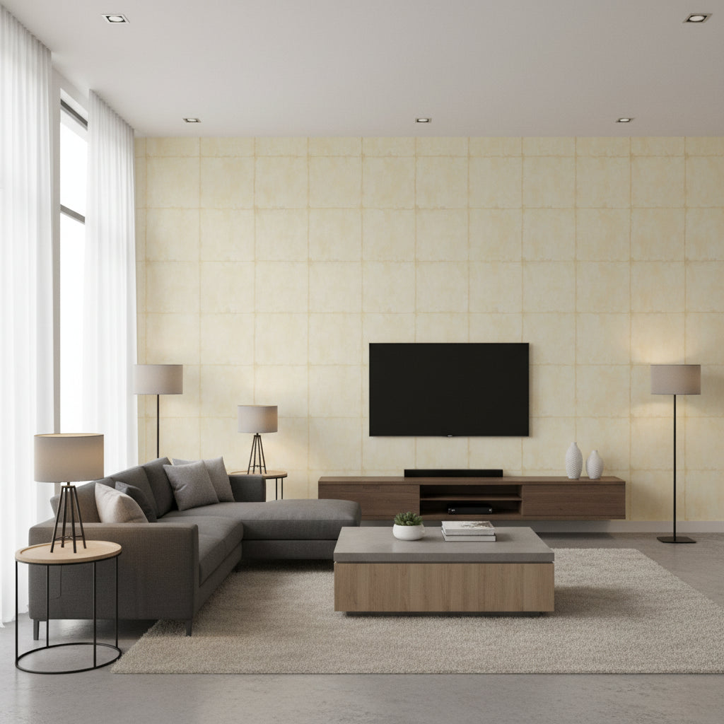 Wakusa Stone Grouted | Architectural Wallcoverings - Living Room Visualization (AI-generated, may not be to scale. Verify pattern scale with product specifications.)