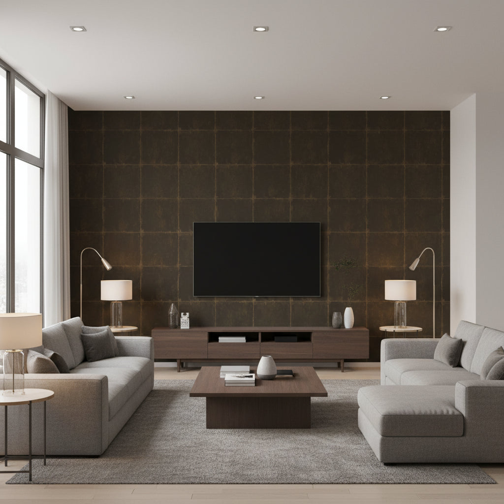 Wakusa Stone Grouted | Architectural Wallcoverings - Living Room Visualization (AI-generated, may not be to scale. Verify pattern scale with product specifications.)