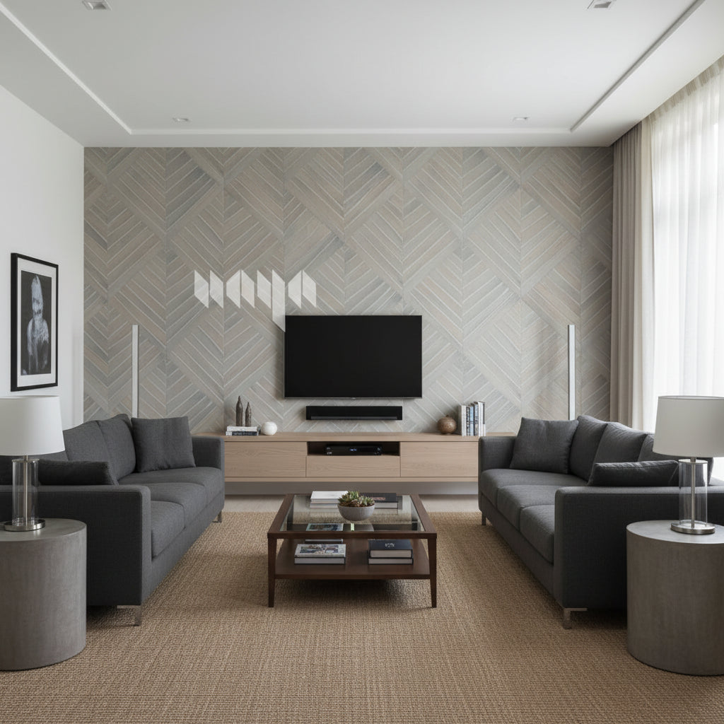 Water Hyacinth Parquet Grey Fox | Maya Romanoff - Living Room Visualization (AI-generated, may not be to scale. Verify pattern scale with product specifications.)
