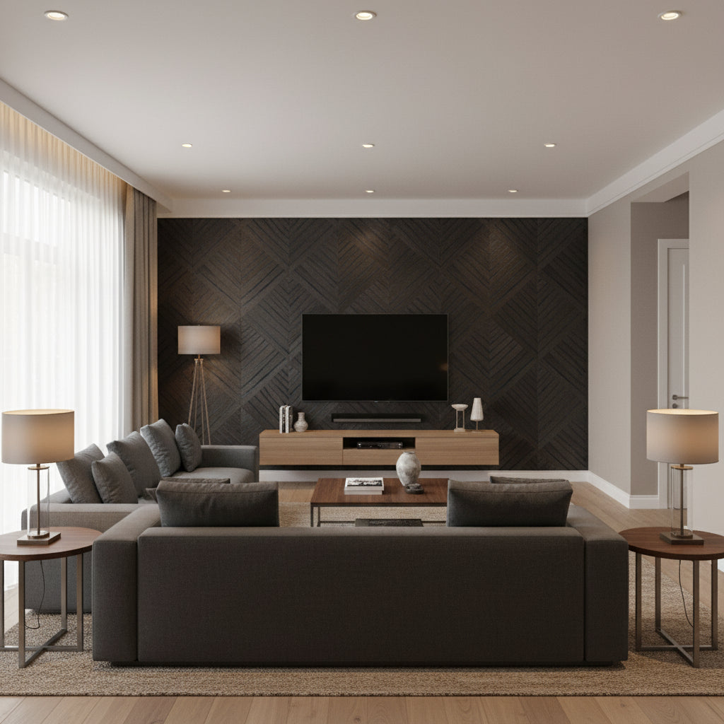 Water Hyacinth Parquet Black Bear | Maya Romanoff - Living Room Visualization (AI-generated, may not be to scale. Verify pattern scale with product specifications.)