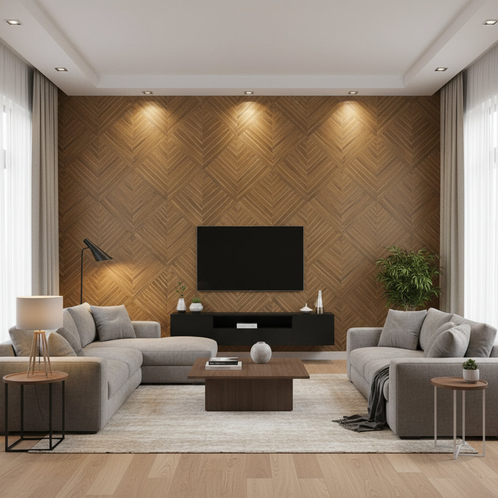 Water Hyacinth Parquet Brown Pelican | Maya Romanoff - Living Room Visualization (AI-generated, may not be to scale. Verify pattern scale with product specifications.)