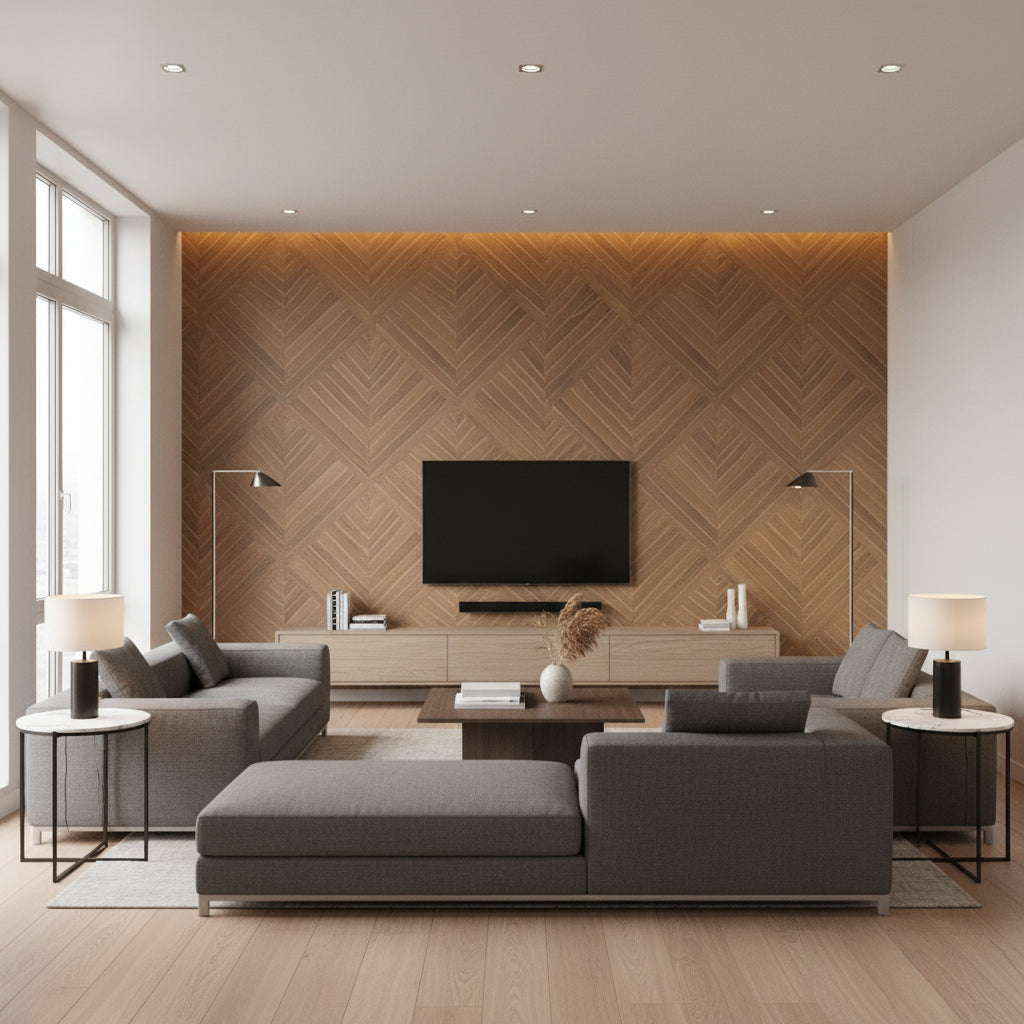 Water Hyacinth Parquet Tawny Owl | Maya Romanoff - Living Room Visualization (AI-generated, may not be to scale. Verify pattern scale with product specifications.)