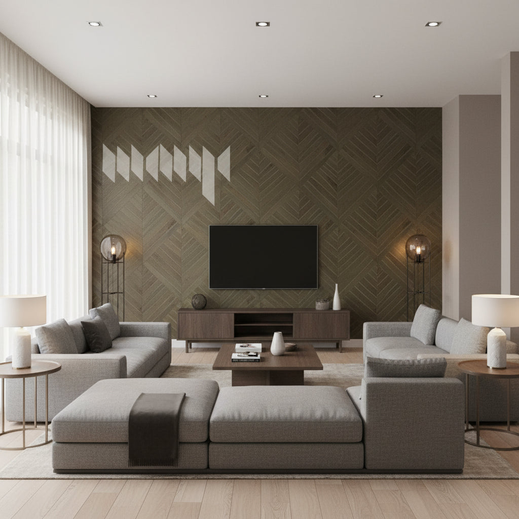 Water Hyacinth Parquet Gator Green | Maya Romanoff - Living Room Visualization (AI-generated, may not be to scale. Verify pattern scale with product specifications.)