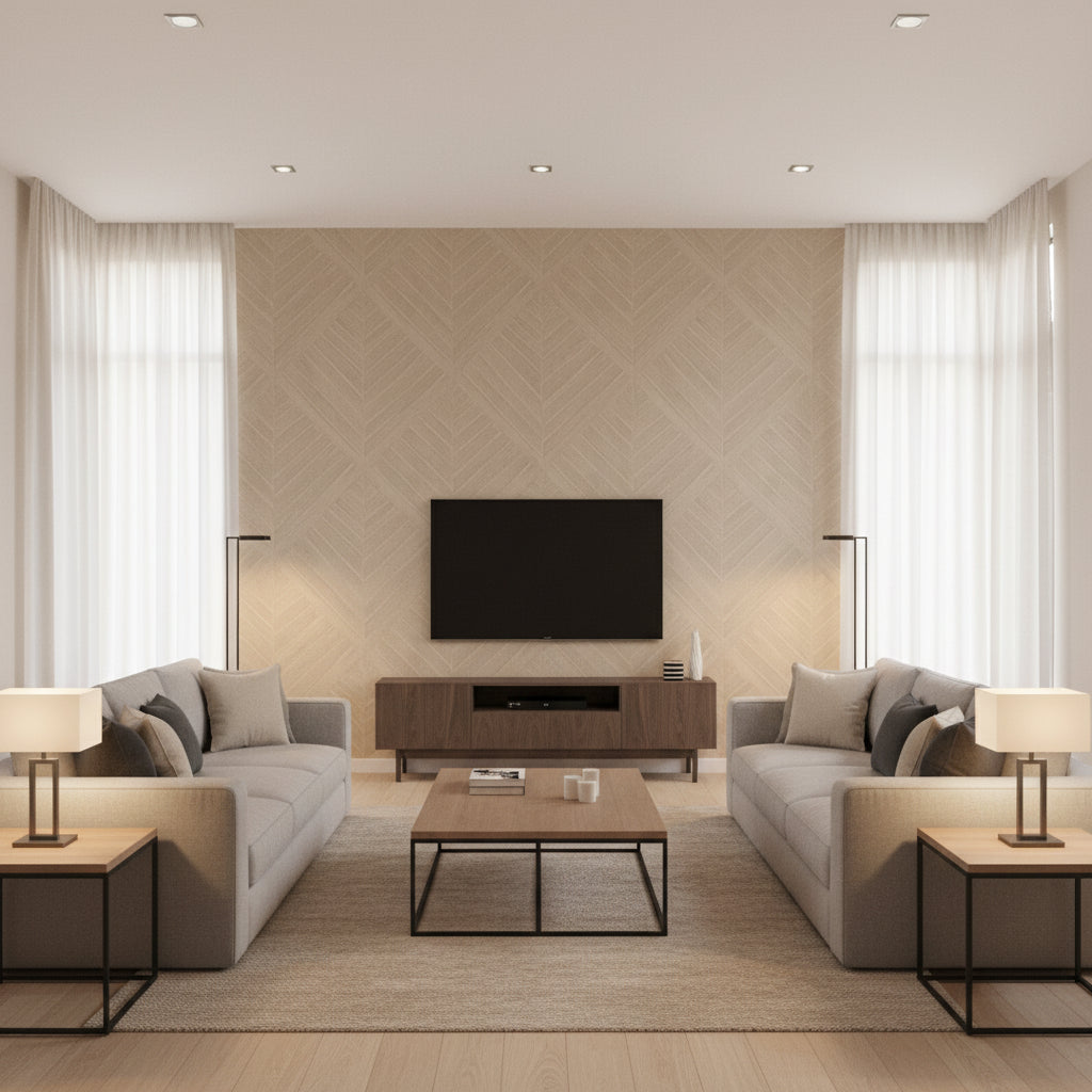 Water Hyacinth Parquet Snowy Egret | Maya Romanoff - Living Room Visualization (AI-generated, may not be to scale. Verify pattern scale with product specifications.)