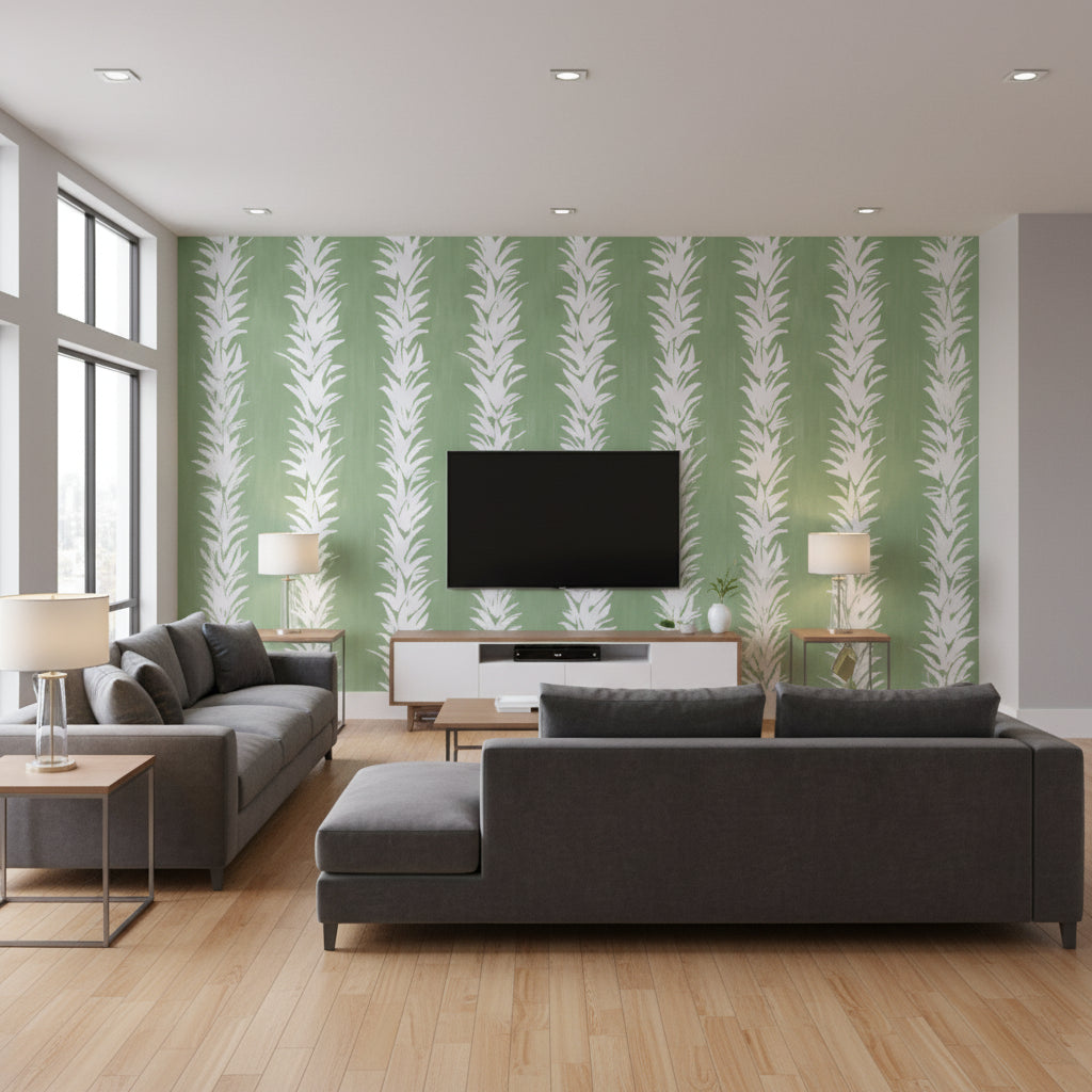White Lotus - Soft Green Wallcovering | Schumacher - Living Room Visualization (AI-generated, may not be to scale. Verify pattern scale with product specifications.)
