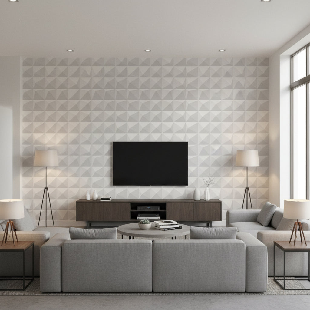 Domino Pyramid Concrete | Romo - Living Room Visualization (AI-generated, may not be to scale. Verify pattern scale with product specifications.)