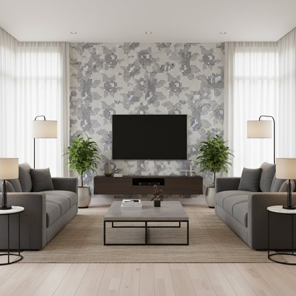 Peg Art Roses Steel | Romo - Living Room Visualization (AI-generated, may not be to scale. Verify pattern scale with product specifications.)