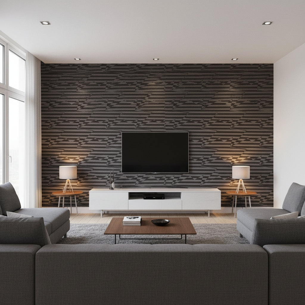 Stripey Zig Zag Birds Noir | Romo - Living Room Visualization (AI-generated, may not be to scale. Verify pattern scale with product specifications.)