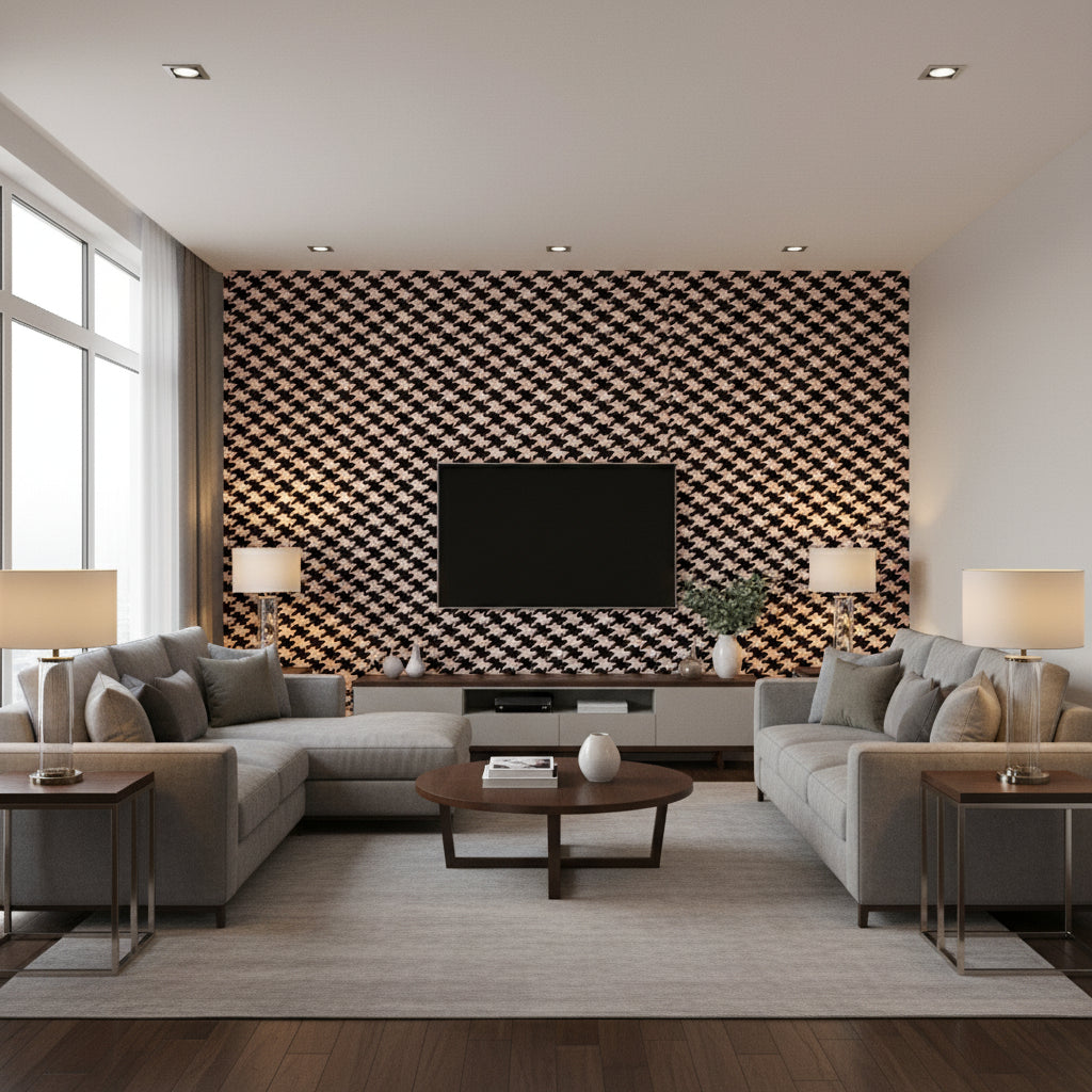 Zig Zag Birds Powder | Romo - Living Room Visualization (AI-generated, may not be to scale. Verify pattern scale with product specifications.)