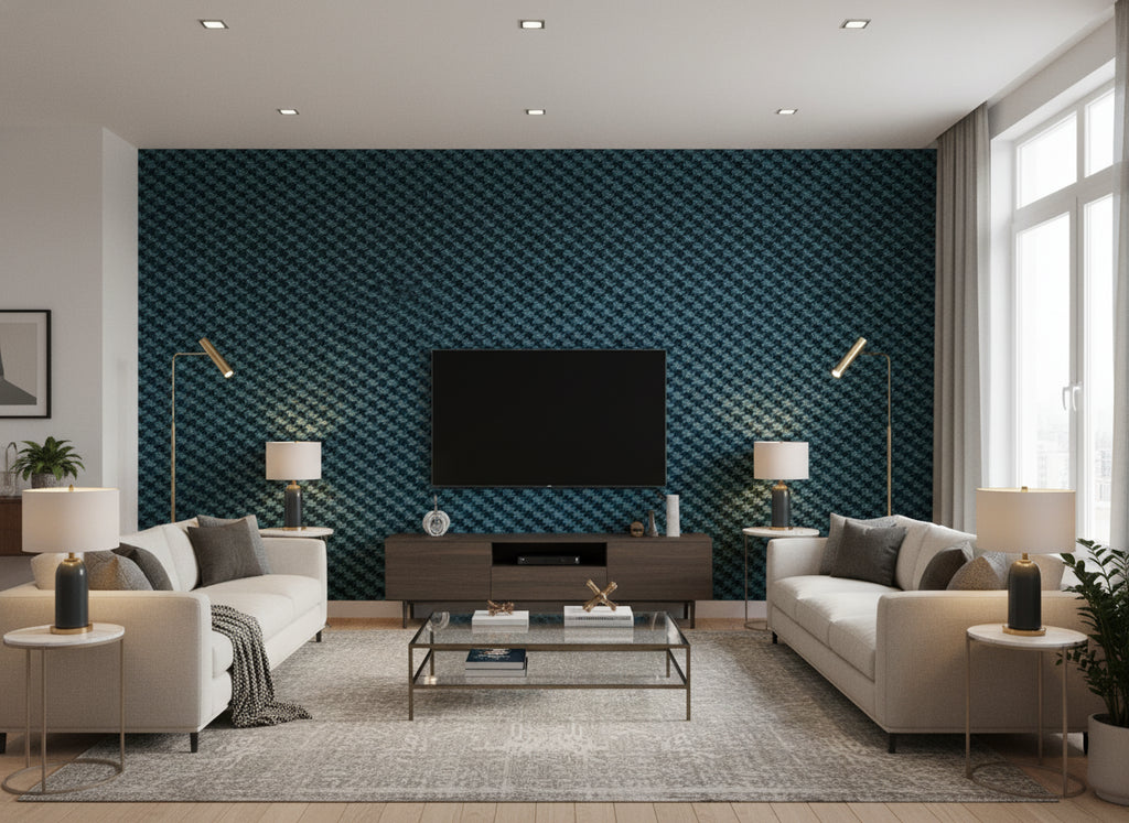 Zig Zag Birds Ink | Romo - Living Room Visualization (AI-generated, may not be to scale. Verify pattern scale with product specifications.)