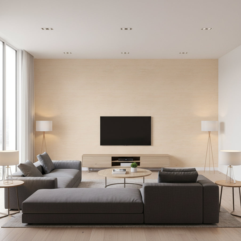 Glade beige | Romo - Living Room Visualization (AI-generated, may not be to scale. Verify pattern scale with product specifications.)