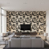 Vandal Wall Mural Monochrome | Romo - Living Room Visualization (AI-generated, may not be to scale. Verify pattern scale with product specifications.)