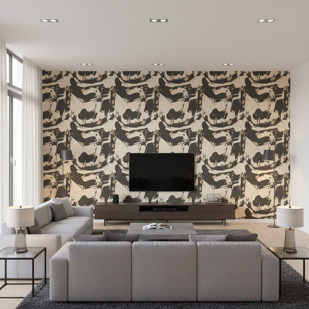 Vandal Wall Mural Monochrome | Romo - Living Room Visualization (AI-generated, may not be to scale. Verify pattern scale with product specifications.)