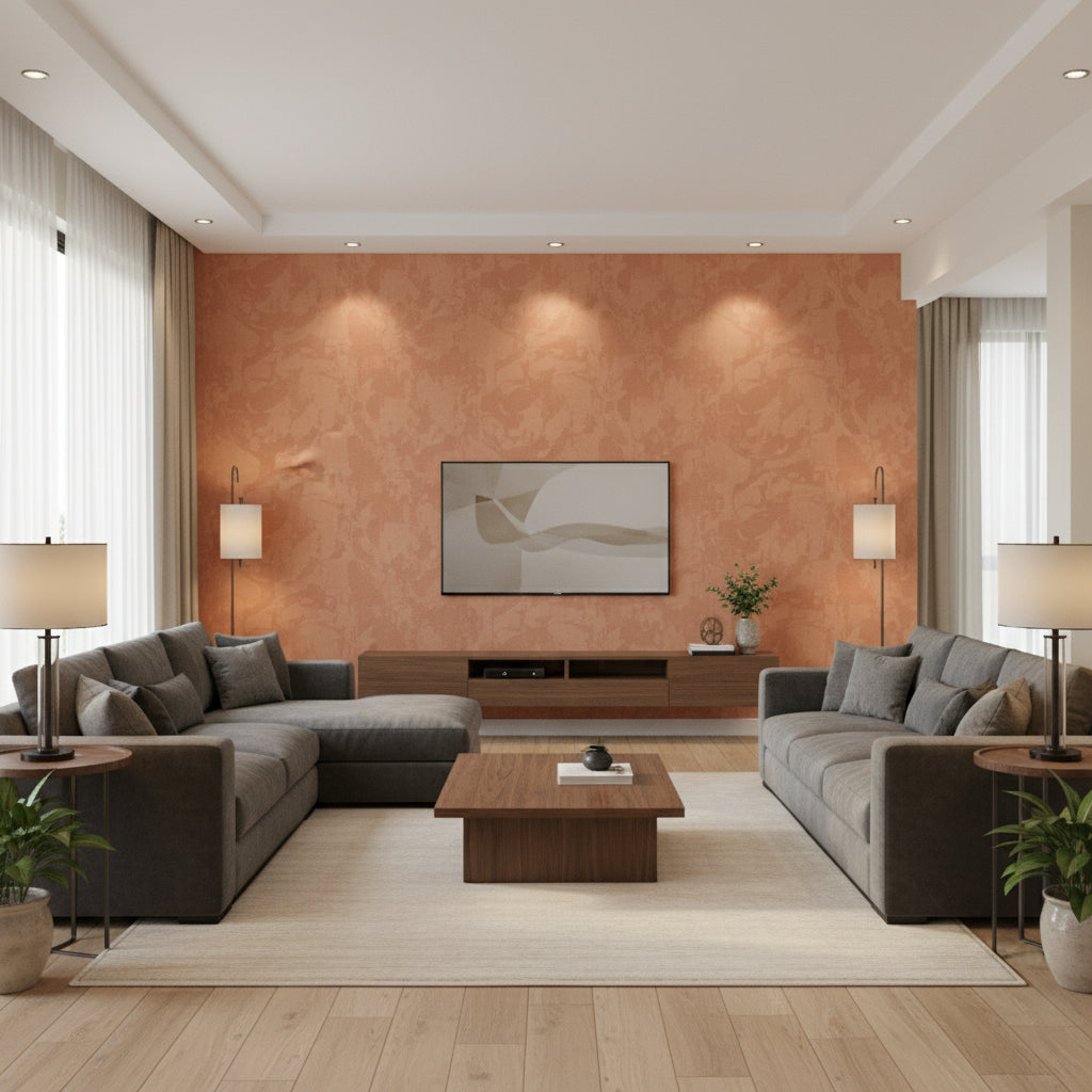 Vandal Wall Mural Sienna | Romo - Living Room Visualization (AI-generated, may not be to scale. Verify pattern scale with product specifications.)