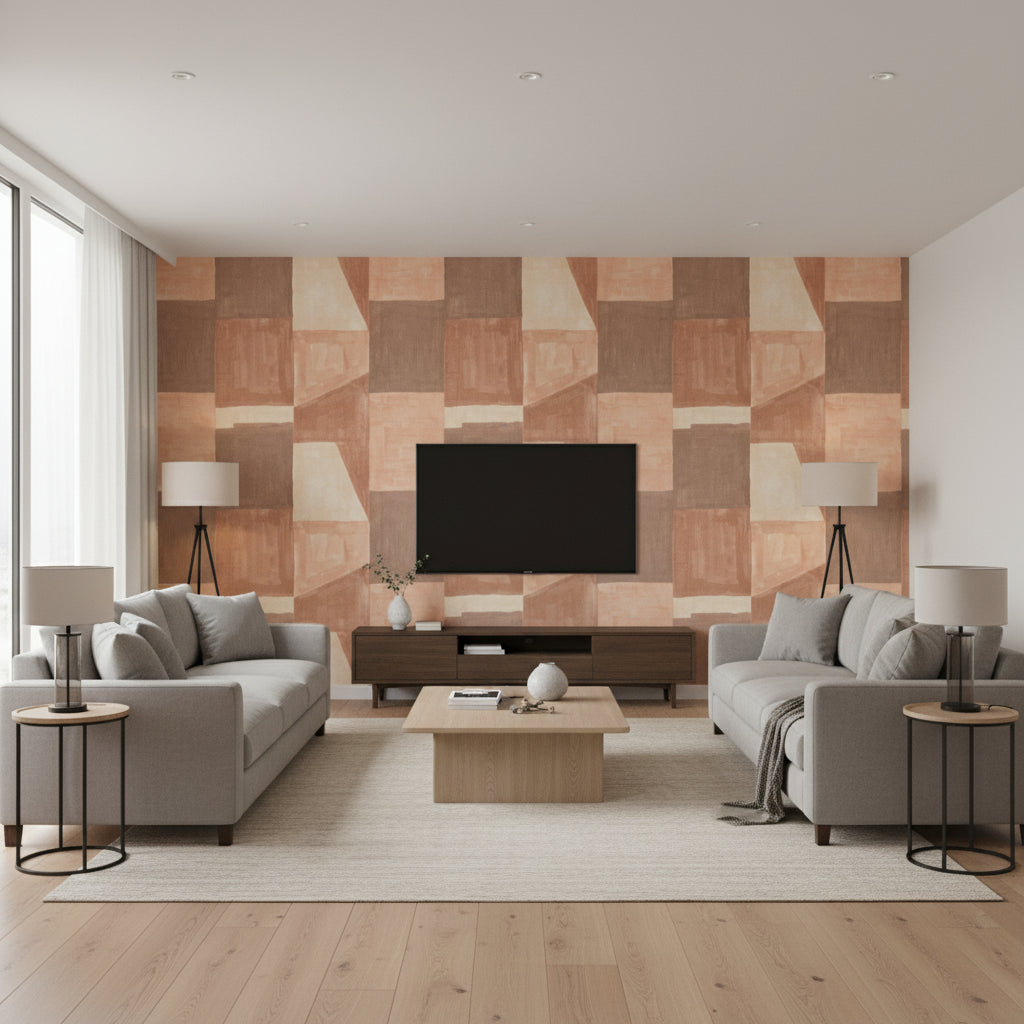 Reclaim Wall Mural Clay | Romo - Living Room Visualization (AI-generated, may not be to scale. Verify pattern scale with product specifications.)