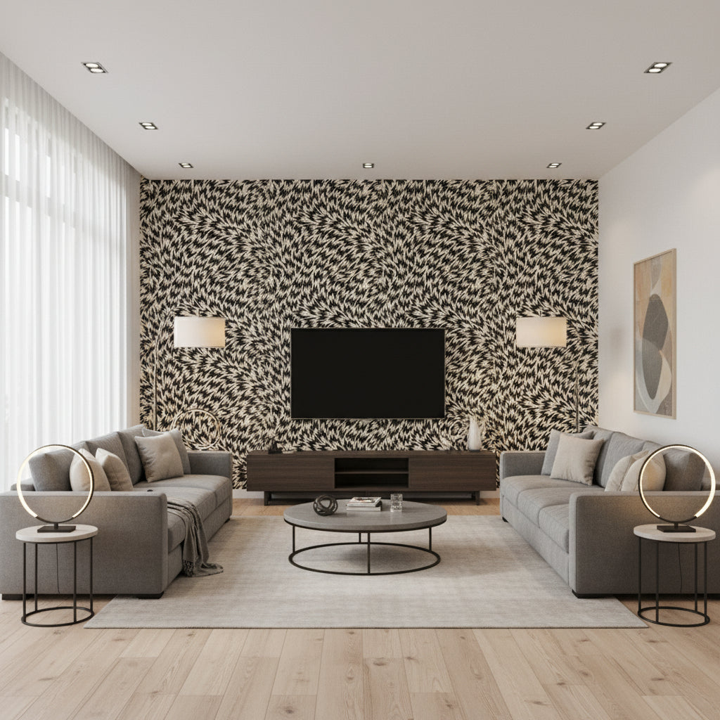 Flash Monochrome | Romo - Living Room Visualization (AI-generated, may not be to scale. Verify pattern scale with product specifications.)