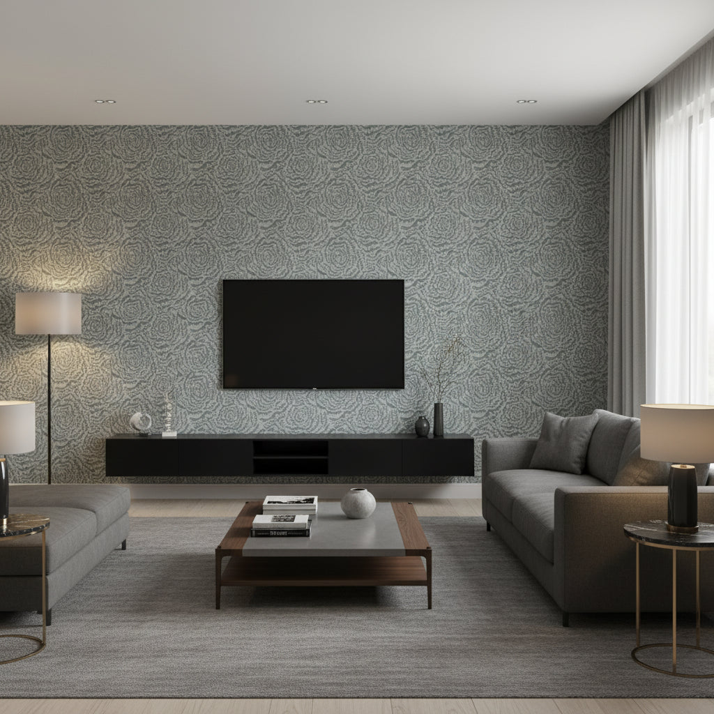 Jagged Roses Teal | Romo - Living Room Visualization (AI-generated, may not be to scale. Verify pattern scale with product specifications.)