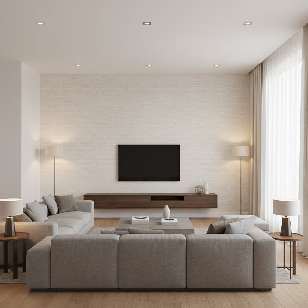 Solid Porcelain | Romo - Living Room Visualization (AI-generated, may not be to scale. Verify pattern scale with product specifications.)