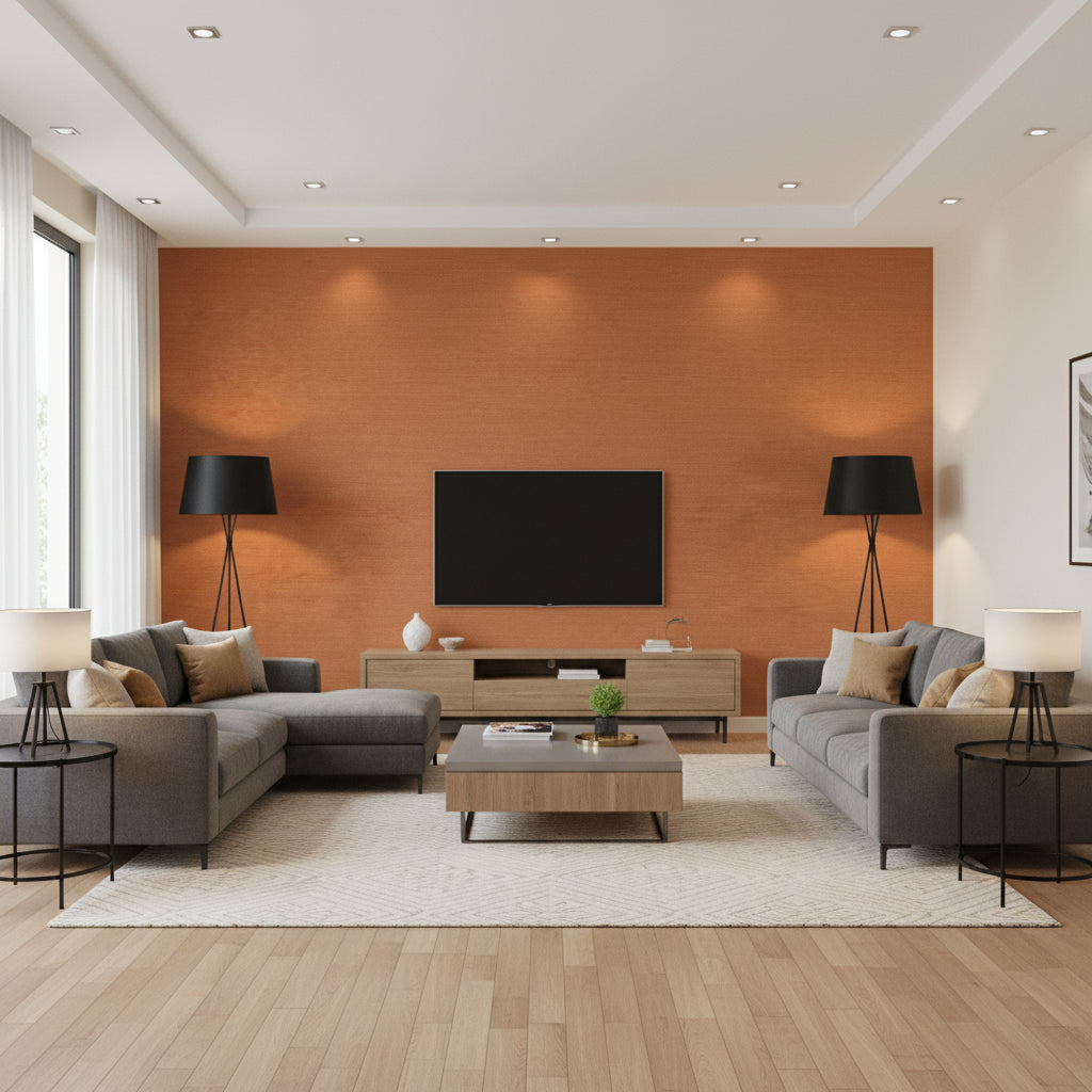 Solid Burnt Orange | Romo - Living Room Visualization (AI-generated, may not be to scale. Verify pattern scale with product specifications.)