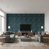 Scribble teal | Romo - Living Room Visualization (AI-generated, may not be to scale. Verify pattern scale with product specifications.)