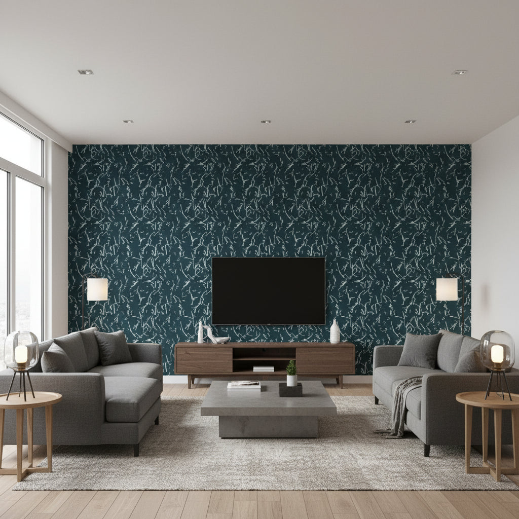 Scribble teal | Romo - Living Room Visualization (AI-generated, may not be to scale. Verify pattern scale with product specifications.)