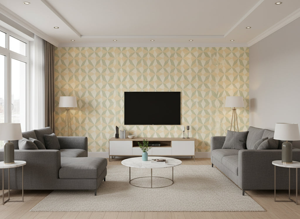 Stars Pistachio | Romo - Living Room Visualization (AI-generated, may not be to scale. Verify pattern scale with product specifications.)