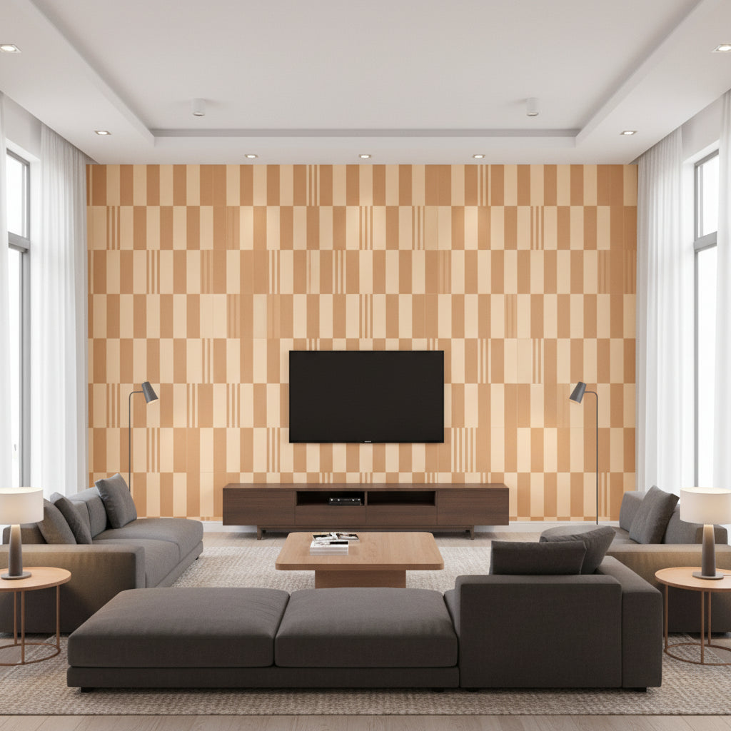 Checkerboard Chai | Romo - Living Room Visualization (AI-generated, may not be to scale. Verify pattern scale with product specifications.)