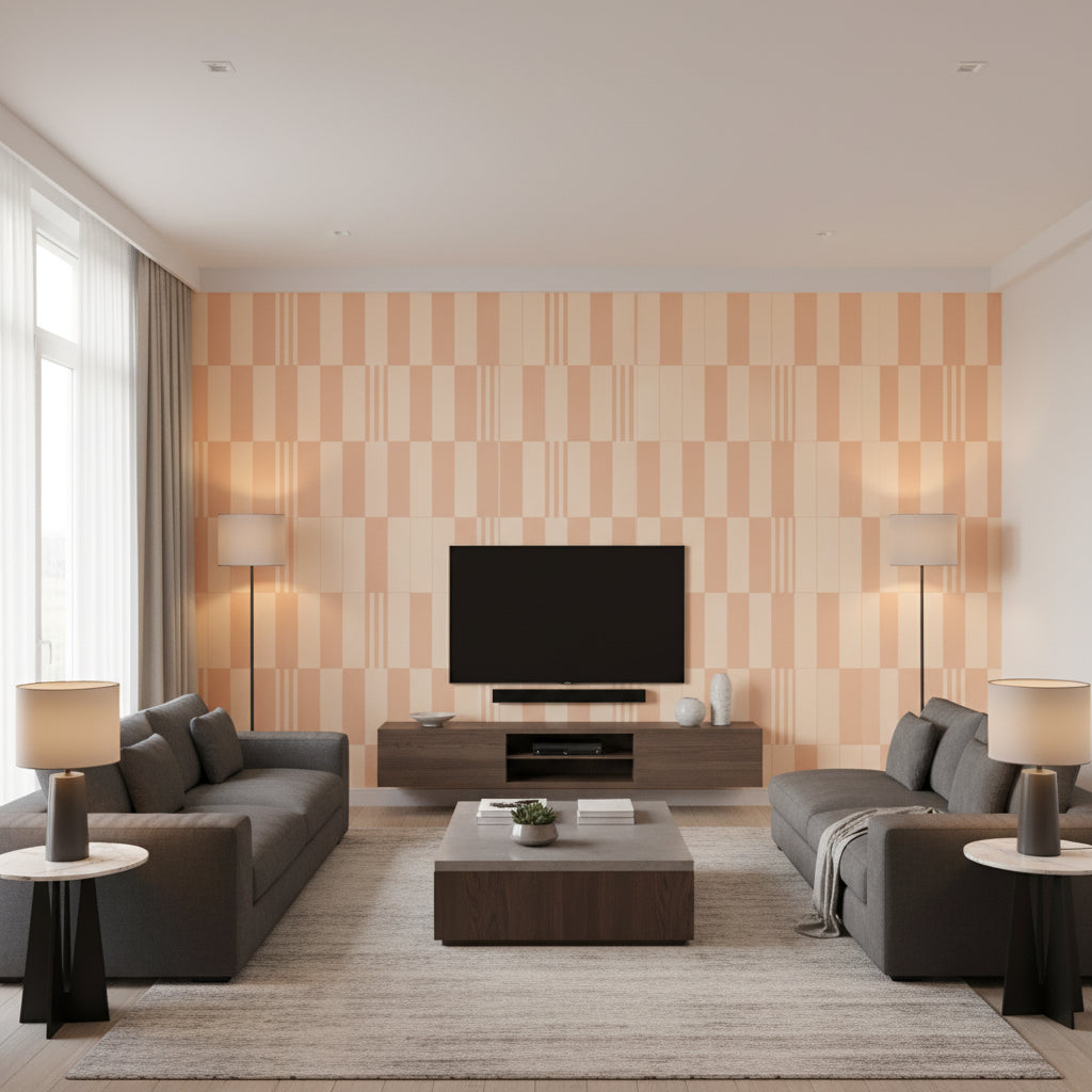 Checkerboard Pink Apricot | Romo - Living Room Visualization (AI-generated, may not be to scale. Verify pattern scale with product specifications.)