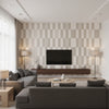 Checkerboard Metallic Silver Grey | Romo - Living Room Visualization (AI-generated, may not be to scale. Verify pattern scale with product specifications.)