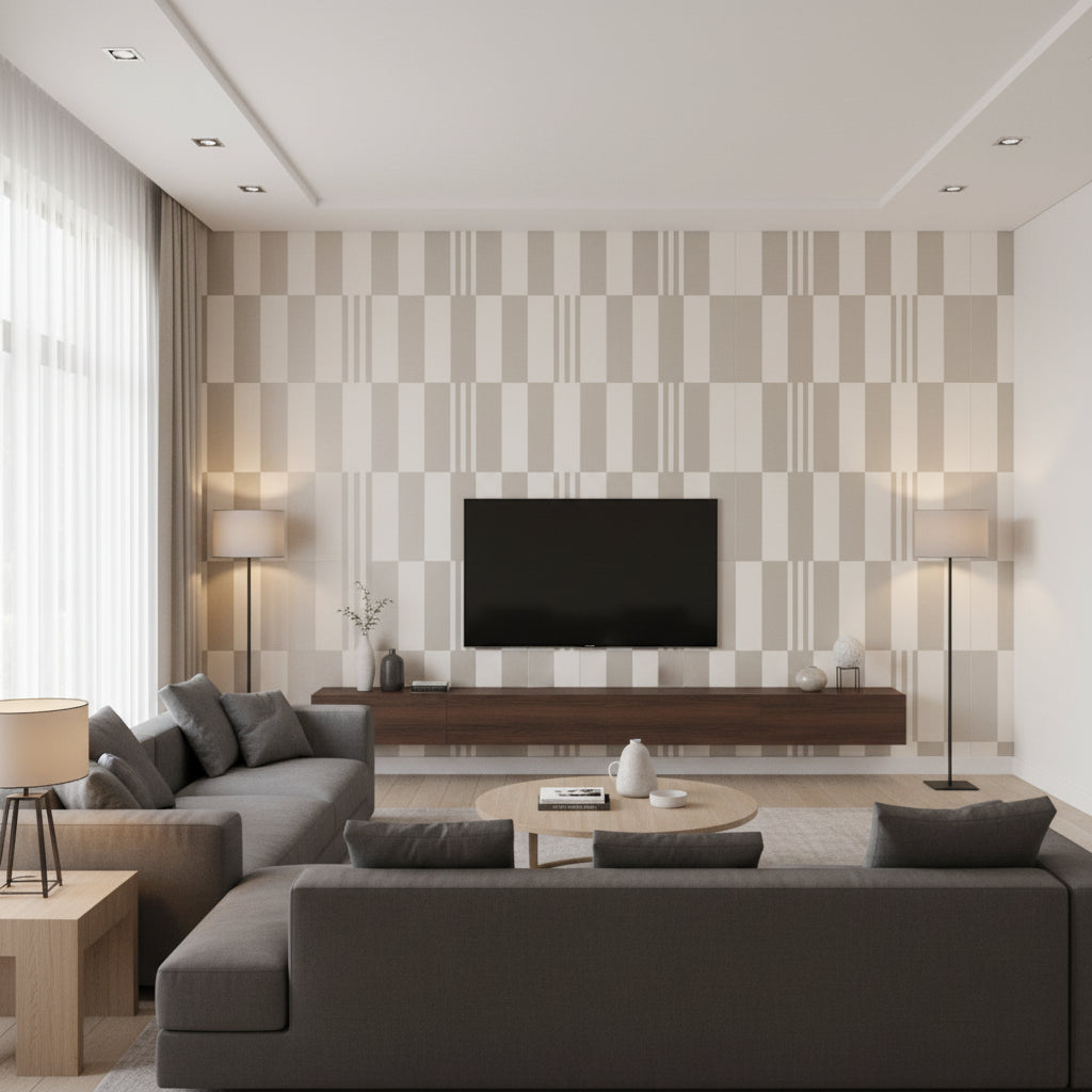 Checkerboard Metallic Silver Grey | Romo - Living Room Visualization (AI-generated, may not be to scale. Verify pattern scale with product specifications.)