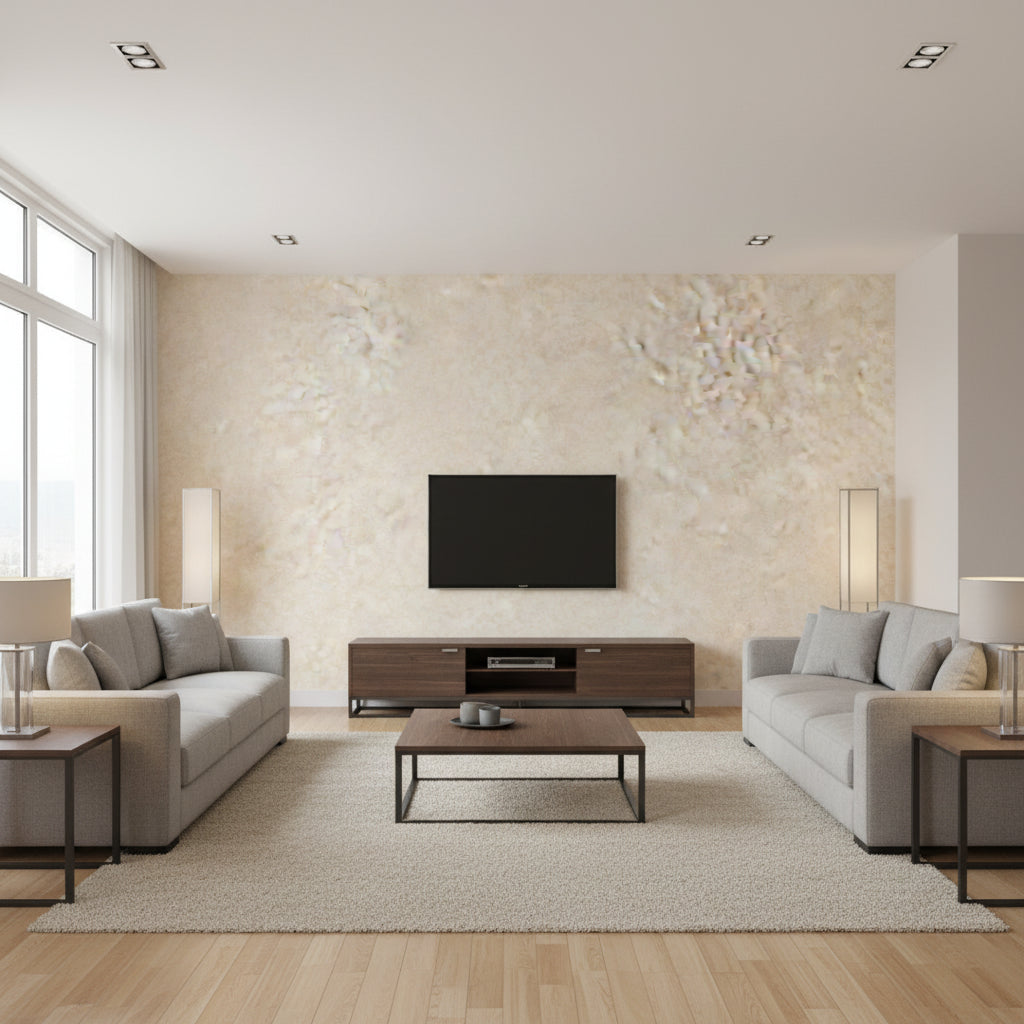 Fragment Chalk | Romo - Living Room Visualization (AI-generated, may not be to scale. Verify pattern scale with product specifications.)