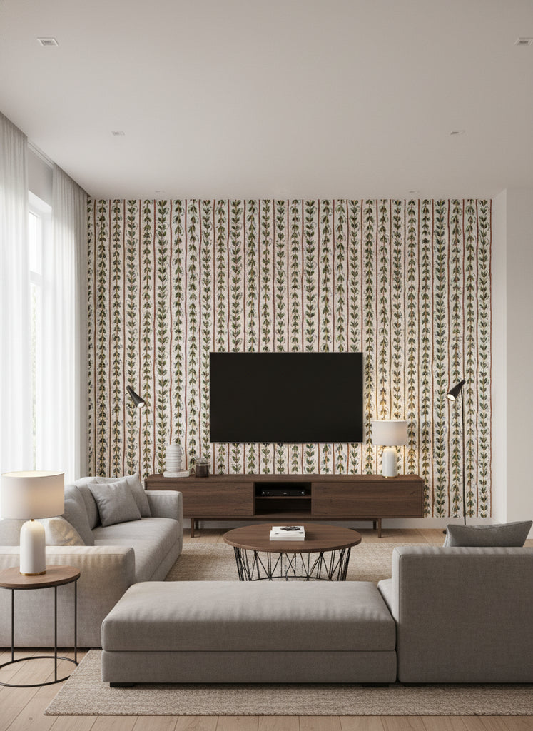 Woolf | Dusky Blue Wallpaper - Living Room Visualization (AI-generated, may not be to scale. Verify pattern scale with product specifications.)