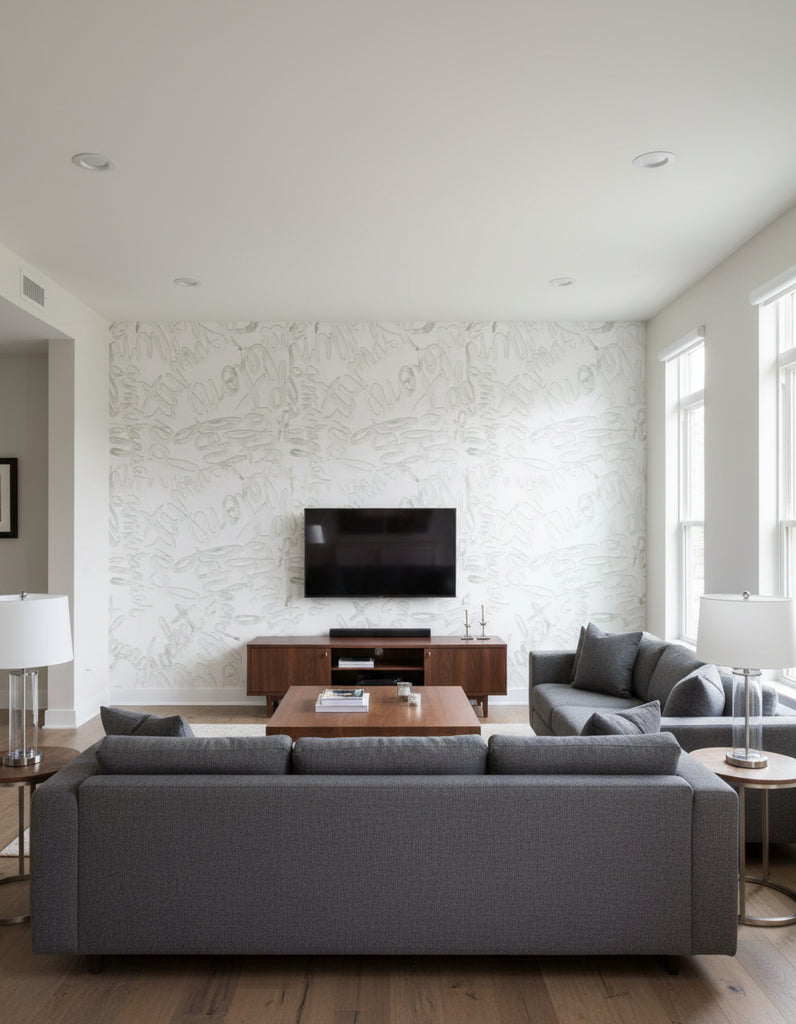Word Walls - Living Room Visualization (AI-generated, may not be to scale. Verify pattern scale with product specifications.)