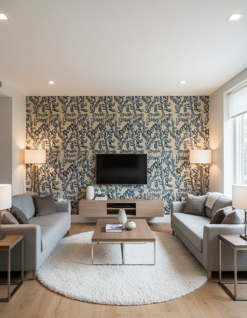 Word Walls - Living Room Visualization (AI-generated, may not be to scale. Verify pattern scale with product specifications.)