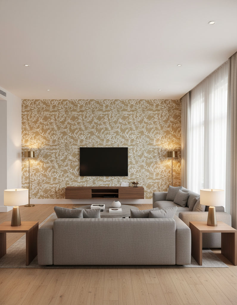 Word Walls - Living Room Visualization (AI-generated, may not be to scale. Verify pattern scale with product specifications.)