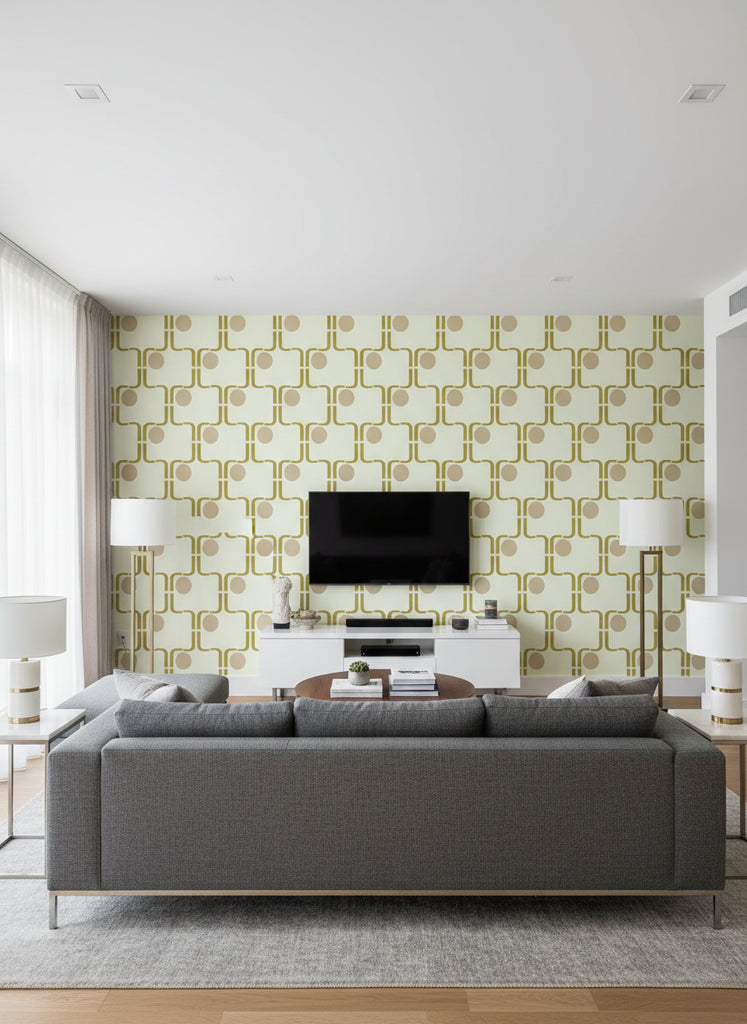 Xanadu's Retro Geometric - Living Room Visualization (AI-generated, may not be to scale. Verify pattern scale with product specifications.)
