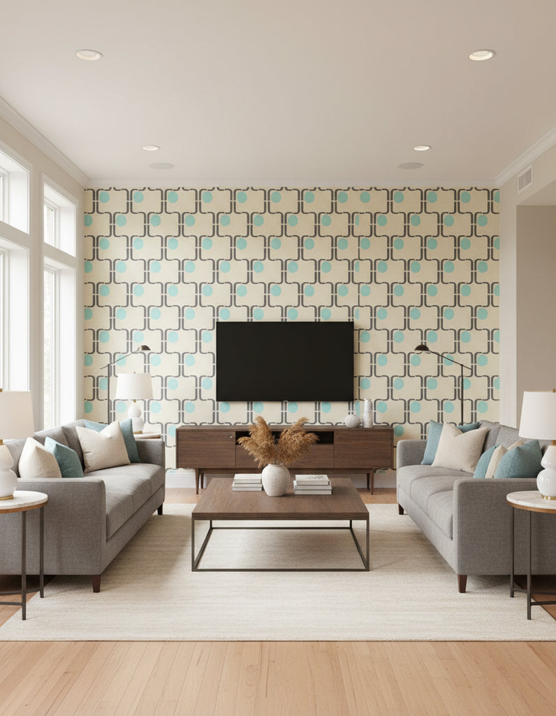Xanadu's Retro Geometric - Living Room Visualization (AI-generated, may not be to scale. Verify pattern scale with product specifications.)