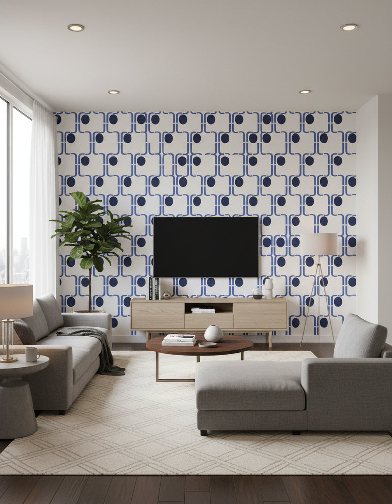 Xanadu's Retro Geometric - Living Room Visualization (AI-generated, may not be to scale. Verify pattern scale with product specifications.)