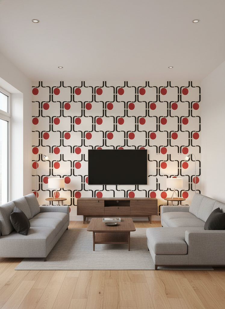 Xanadu's Retro Geometric - Living Room Visualization (AI-generated, may not be to scale. Verify pattern scale with product specifications.)