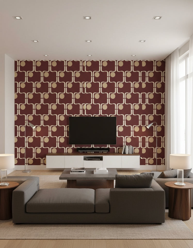 Xanadu's Retro Geometric - Living Room Visualization (AI-generated, may not be to scale. Verify pattern scale with product specifications.)