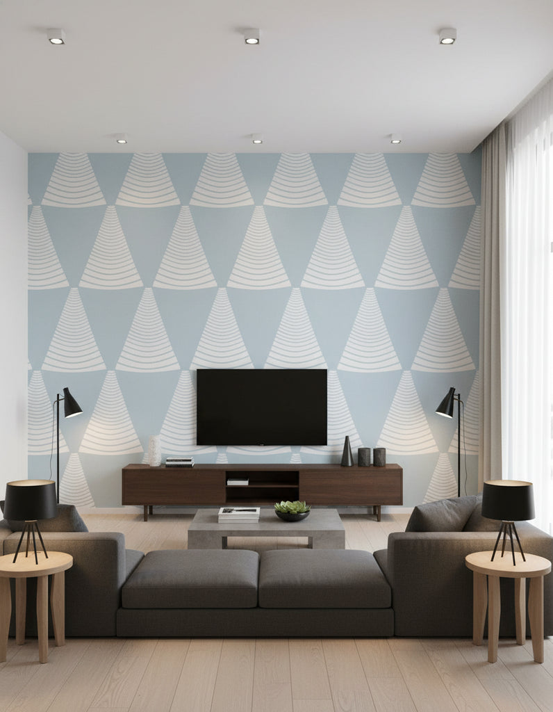 Xara's Retro Geometric - Living Room Visualization (AI-generated, may not be to scale. Verify pattern scale with product specifications.)