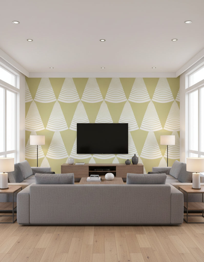 Xara's Retro Geometric - Living Room Visualization (AI-generated, may not be to scale. Verify pattern scale with product specifications.)