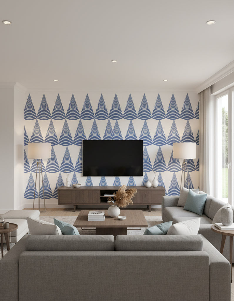 Xara's Retro Geometric - Living Room Visualization (AI-generated, may not be to scale. Verify pattern scale with product specifications.)