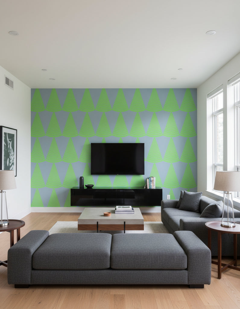 Xara's Retro Geometric - Living Room Visualization (AI-generated, may not be to scale. Verify pattern scale with product specifications.)